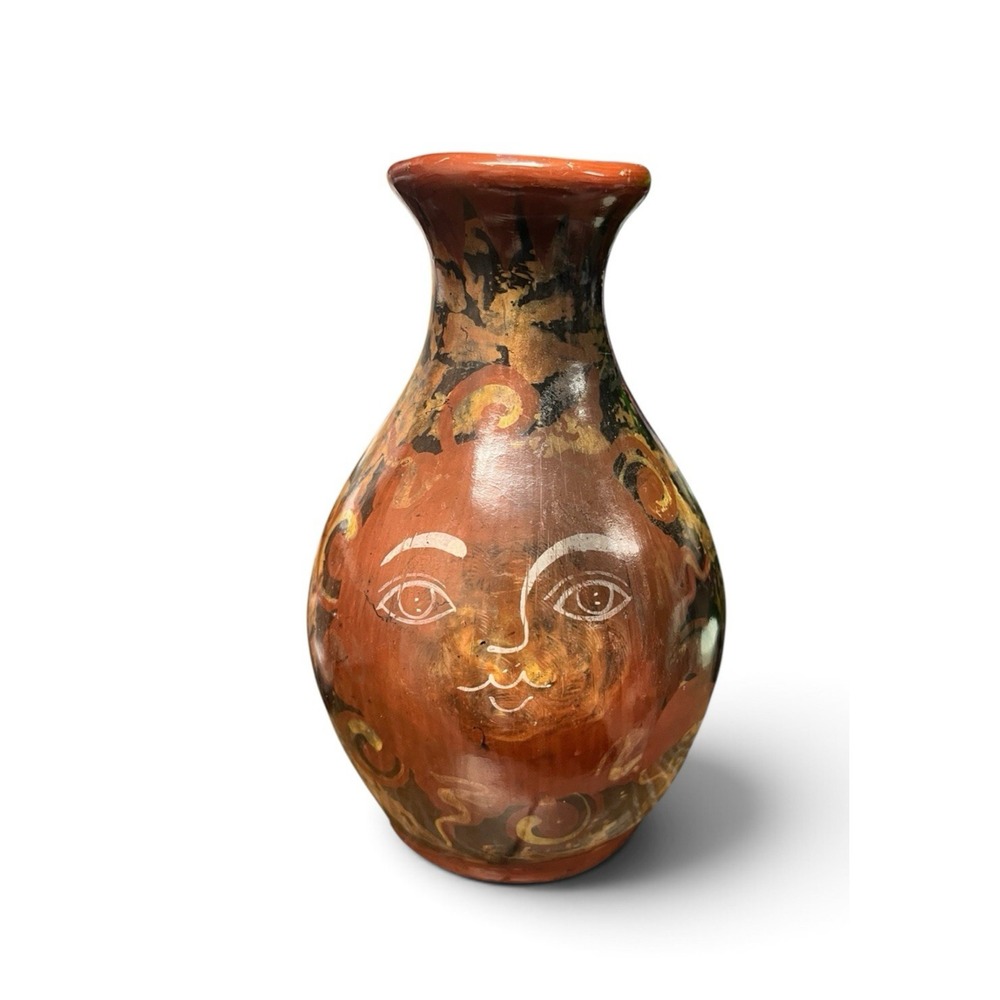 Tonala Pottery Vase Sun Angel Ortiz Gabriel Mexico Handpainted 5.75" Face Signed